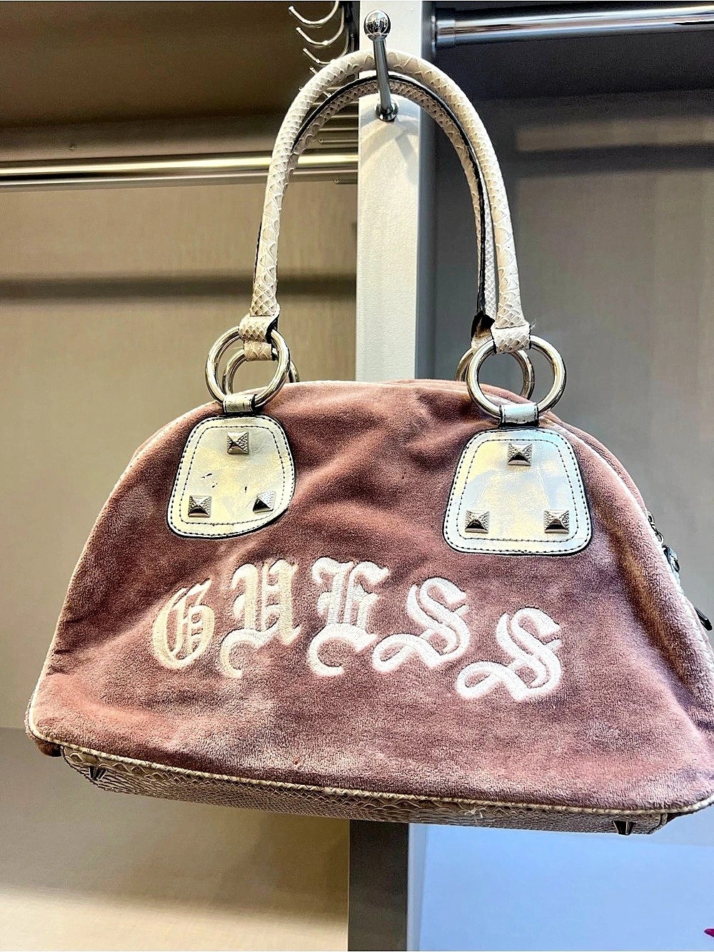Guess Embroidered Satchel Brown & Silver